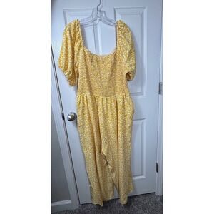 Floral Smocked Jumpsuit Wide‎ Leg Square Neck Yellow 4XL